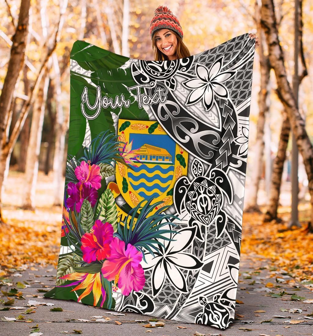 Tuvalu Custom Personalised Premium Blanket White - Turtle Plumeria Banana Leaf-Myprintsy