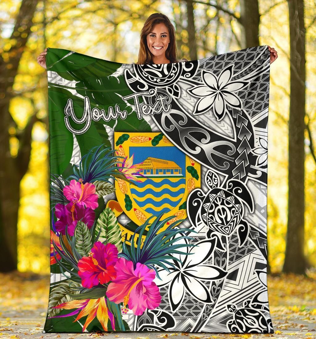 Tuvalu Custom Personalised Premium Blanket White - Turtle Plumeria Banana Leaf-Myprintsy
