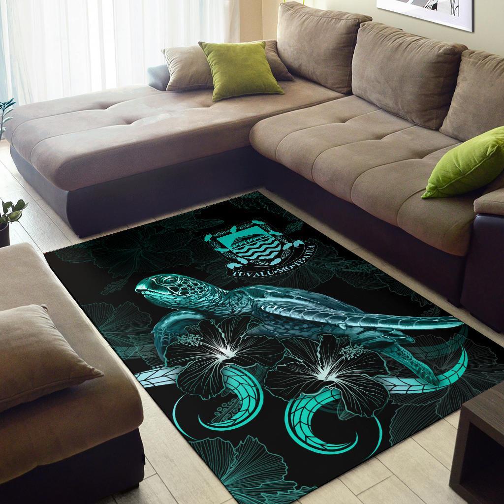 Tuvalu Polynesian Area Rugs - Turtle With Blooming Hibiscus Turquoise-Myprintsy