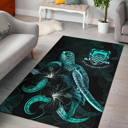 Tuvalu Polynesian Area Rugs - Turtle With Blooming Hibiscus Turquoise-Myprintsy