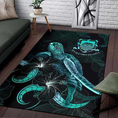 Tuvalu Polynesian Area Rugs - Turtle With Blooming Hibiscus Turquoise-Myprintsy