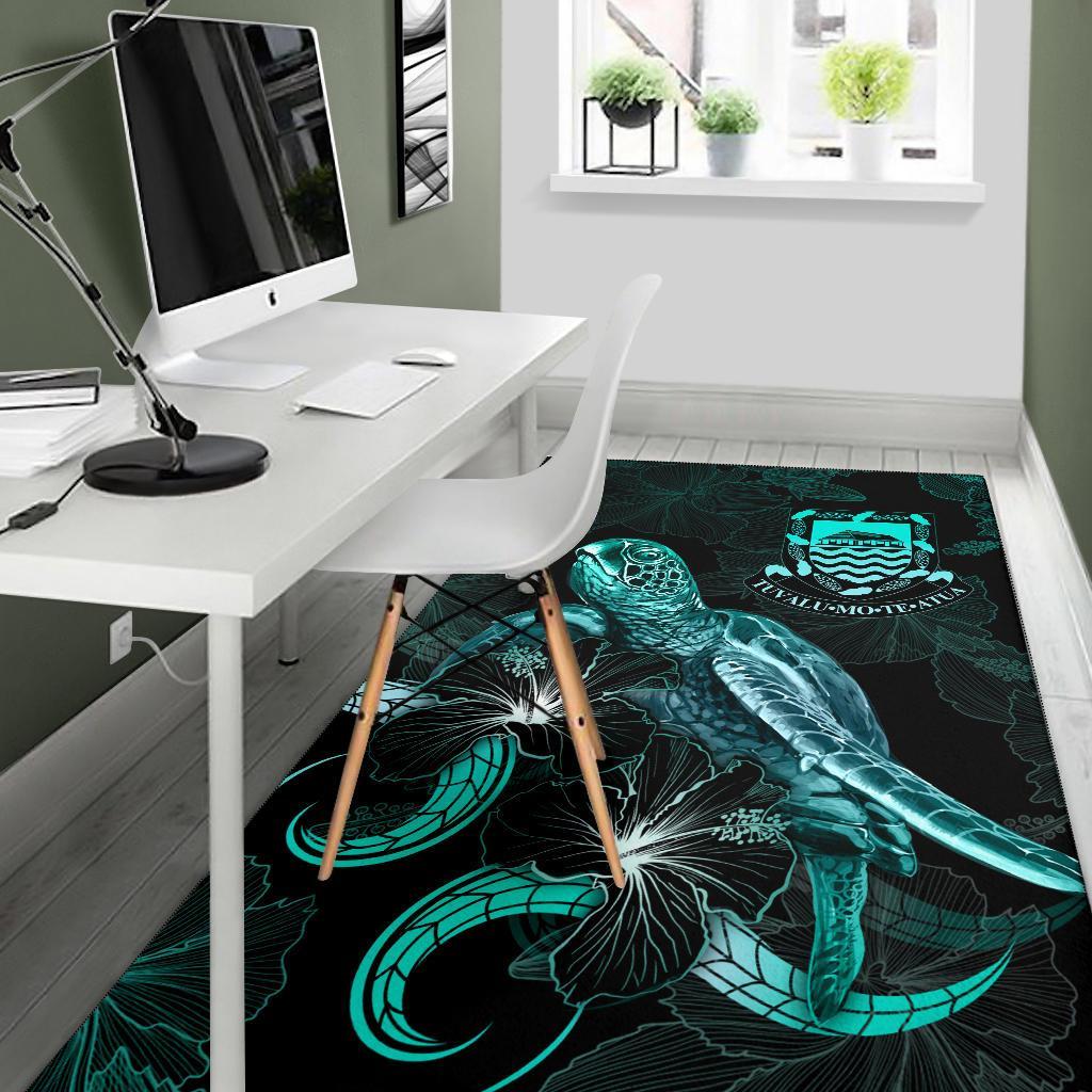 Tuvalu Polynesian Area Rugs - Turtle With Blooming Hibiscus Turquoise-Myprintsy