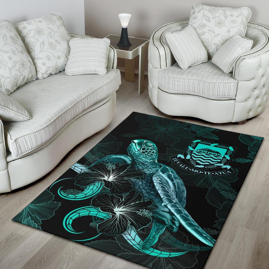 Tuvalu Polynesian Area Rugs - Turtle With Blooming Hibiscus Turquoise-Myprintsy