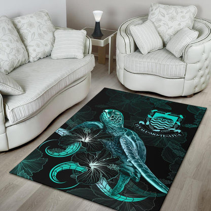 Tuvalu Polynesian Area Rugs - Turtle With Blooming Hibiscus Turquoise-Myprintsy