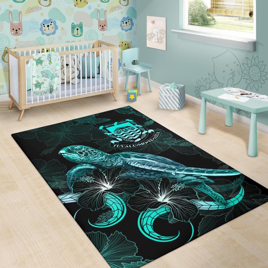 Tuvalu Polynesian Area Rugs - Turtle With Blooming Hibiscus Turquoise-Myprintsy