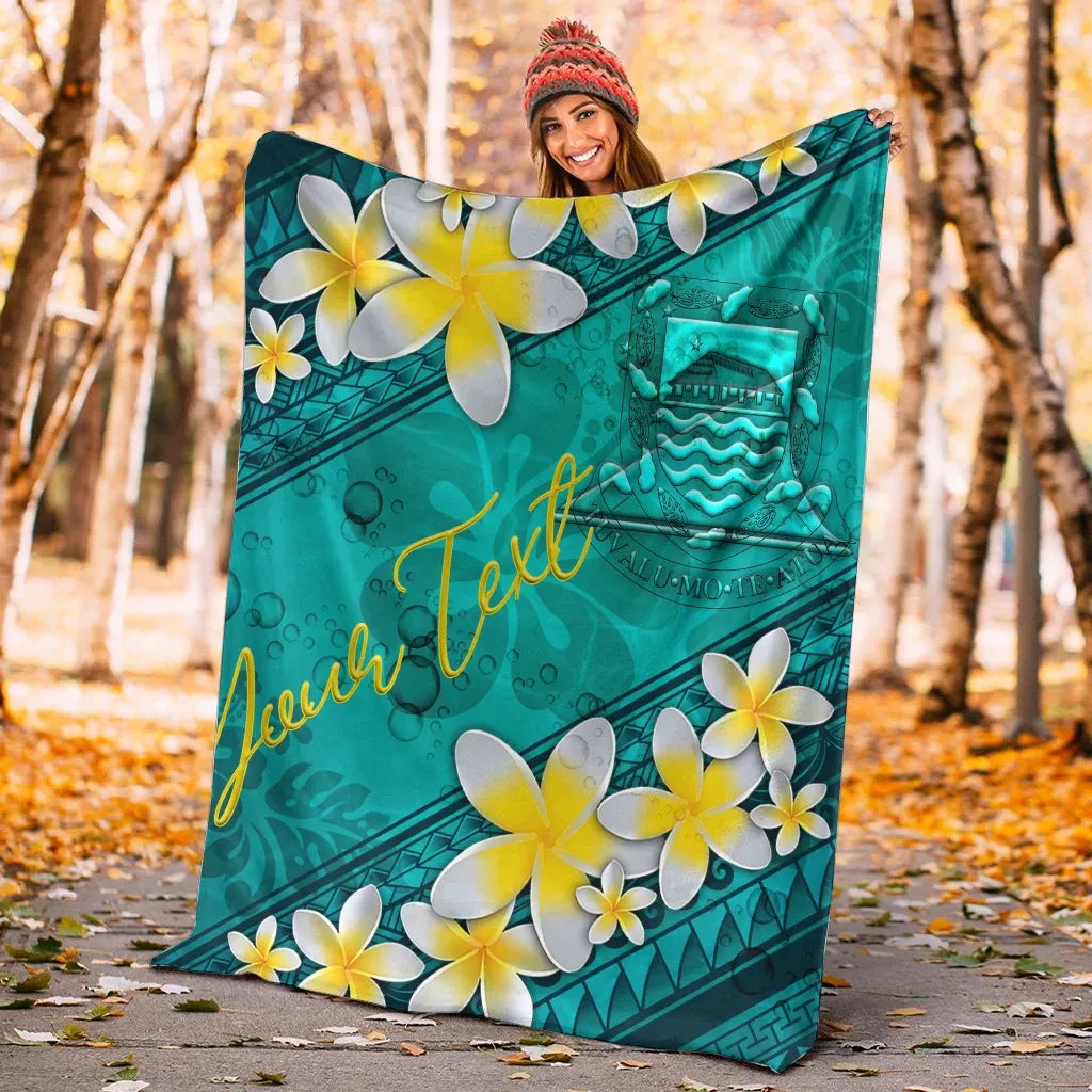 Tuvalu Polynesian Custom Personalised Blanket - Plumeria With Blue Ocean-Myprintsy