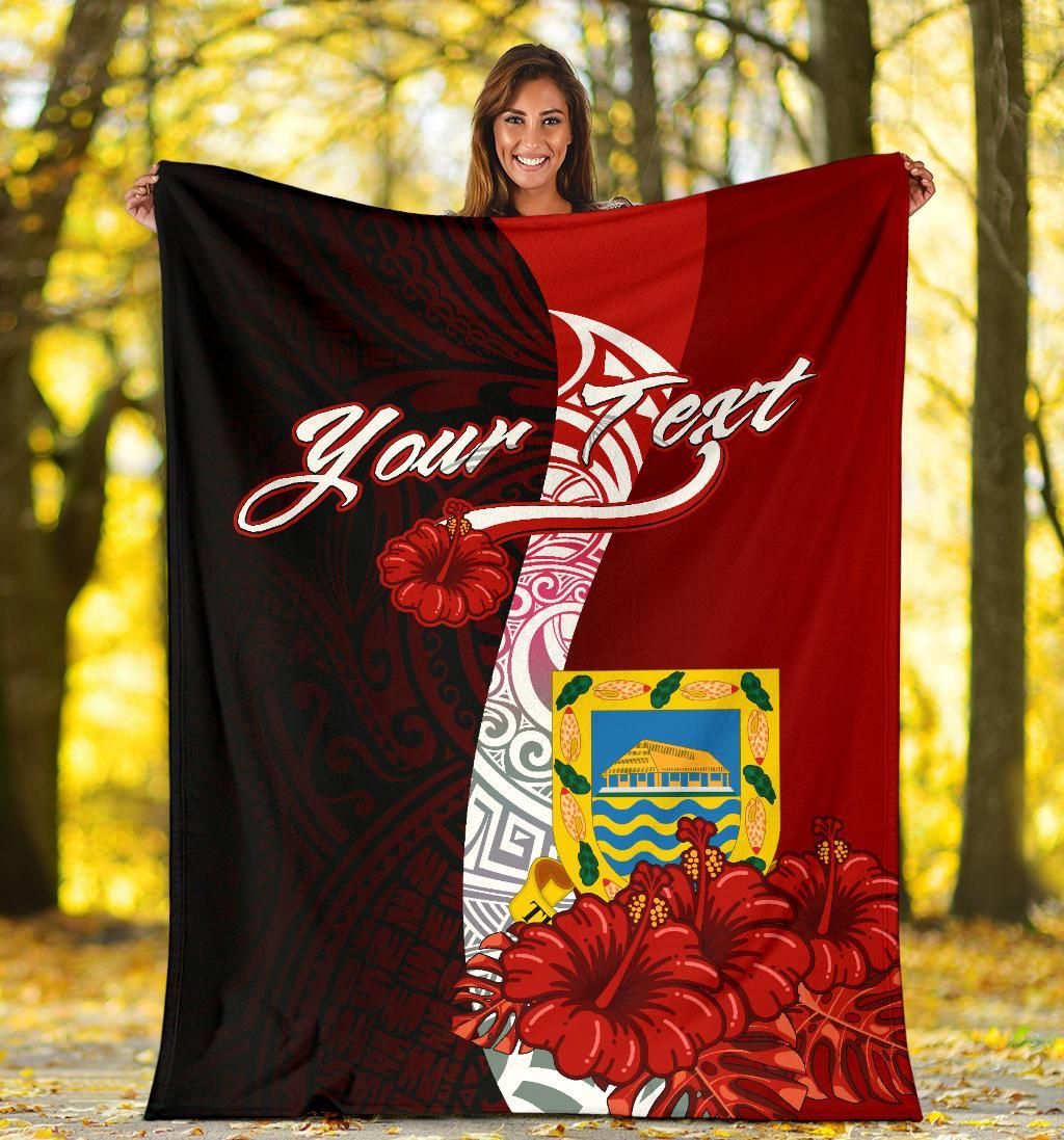 Tuvalu Polynesian Custom Personalised Premium Blanket - Coat Of Arm With Hibiscus-Myprintsy