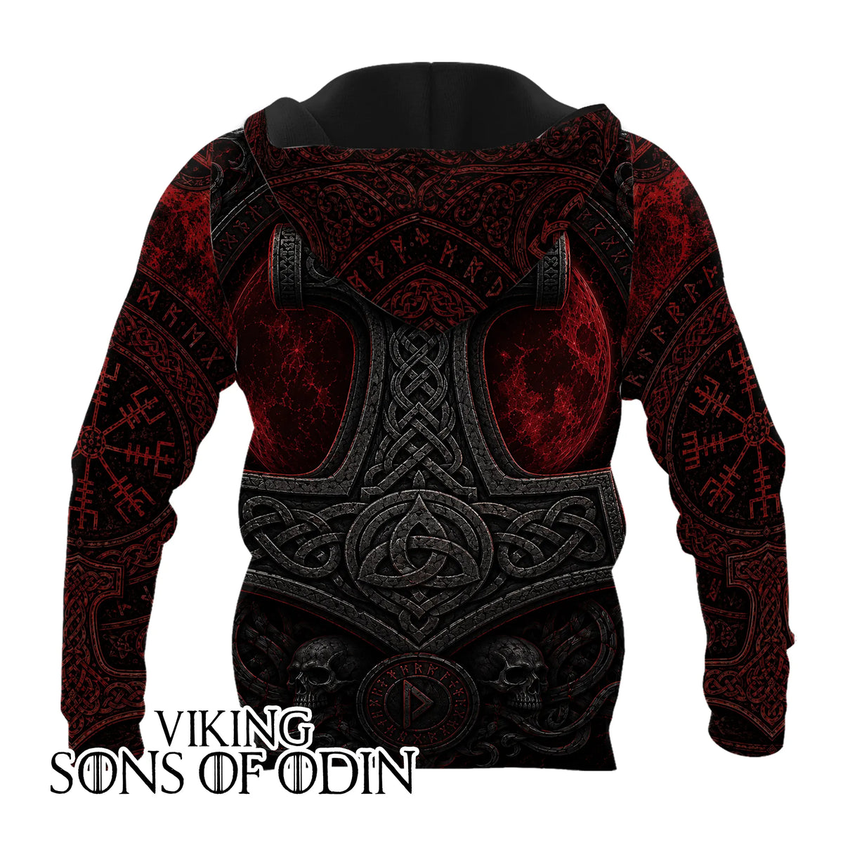 Viking Hoodie – Raven, Mjolnir & Red Moon Norse Design