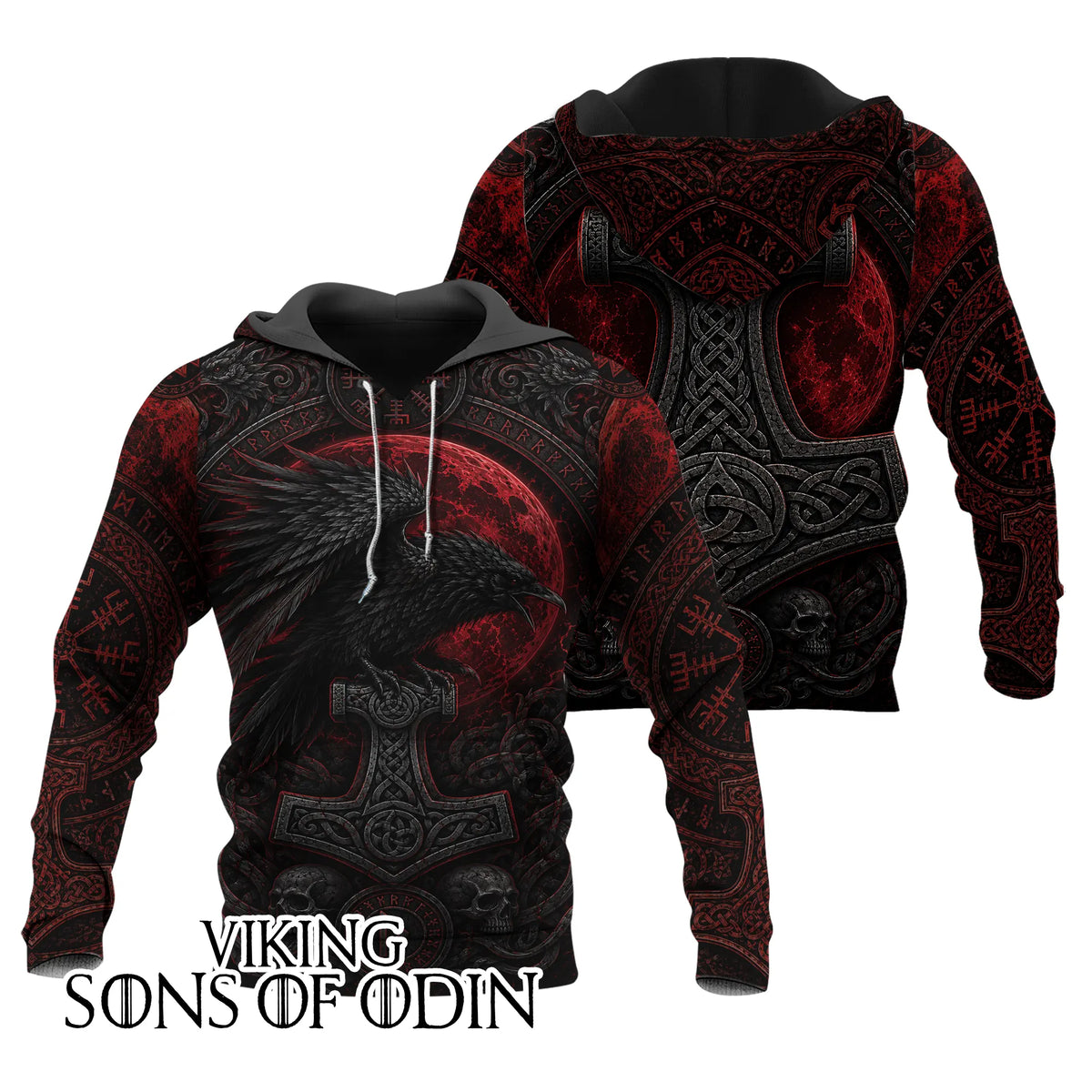 Viking Hoodie – Raven, Mjolnir & Red Moon Norse Design