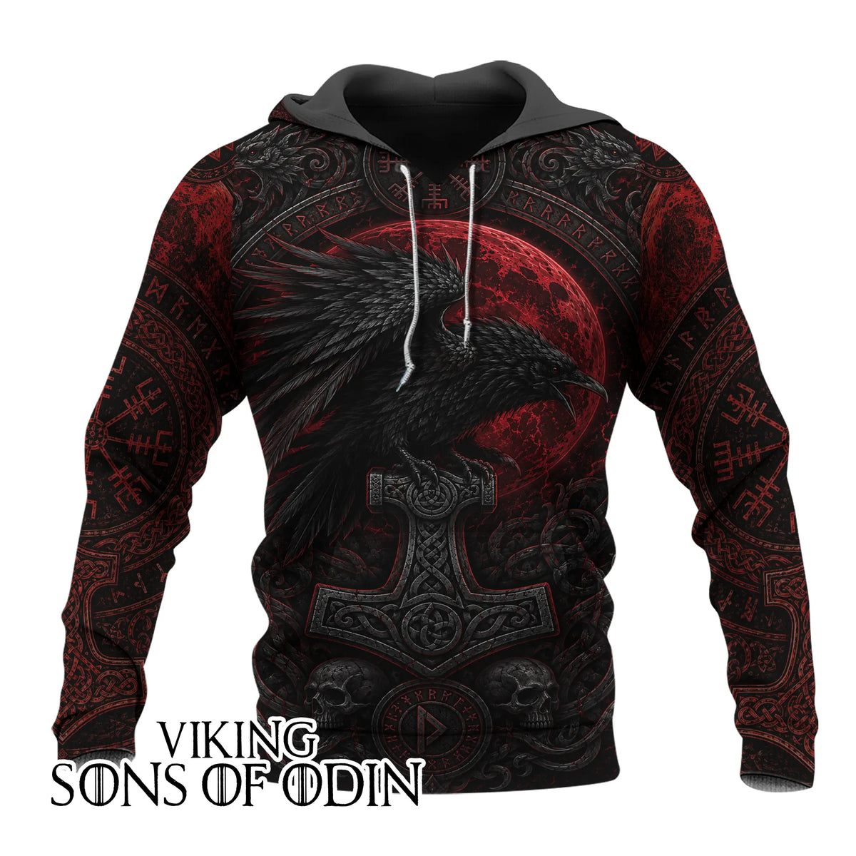 Viking Hoodie – Raven, Mjolnir & Red Moon Norse Design