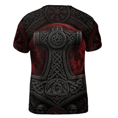 Viking Hoodie – Raven, Mjolnir & Red Moon Norse Design