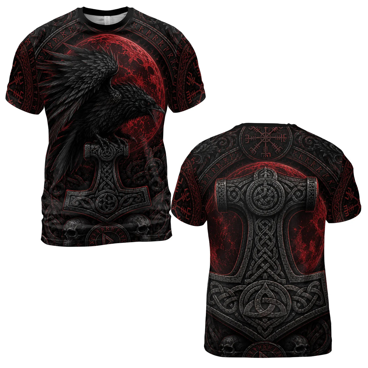 Viking Hoodie – Raven, Mjolnir & Red Moon Norse Design