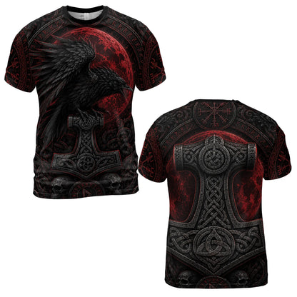 Viking Hoodie – Raven, Mjolnir & Red Moon Norse Design