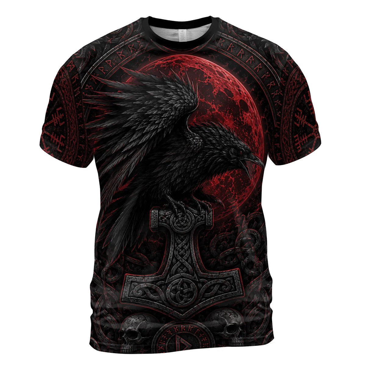 Viking Hoodie – Raven, Mjolnir & Red Moon Norse Design