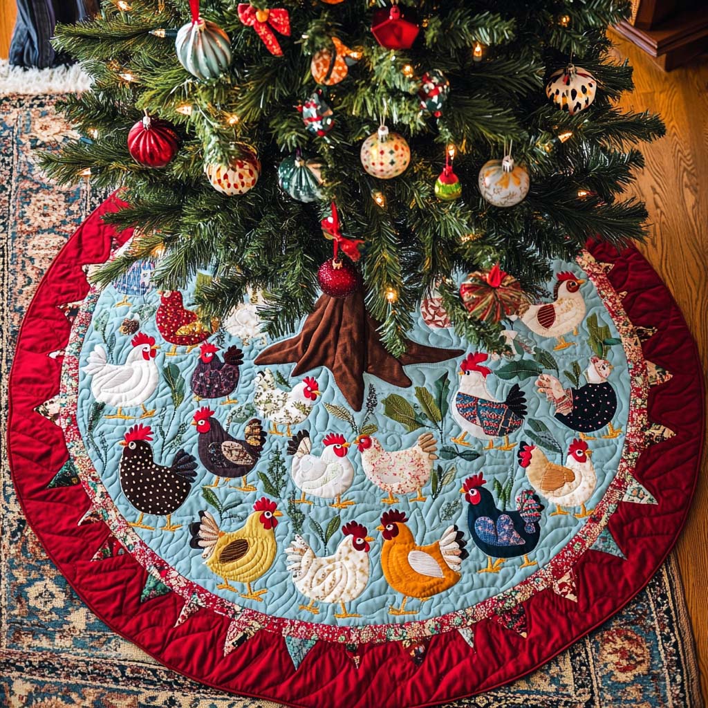 Whimsical Clucks Christmas Quilted Tree Skirt-Myprintsy
