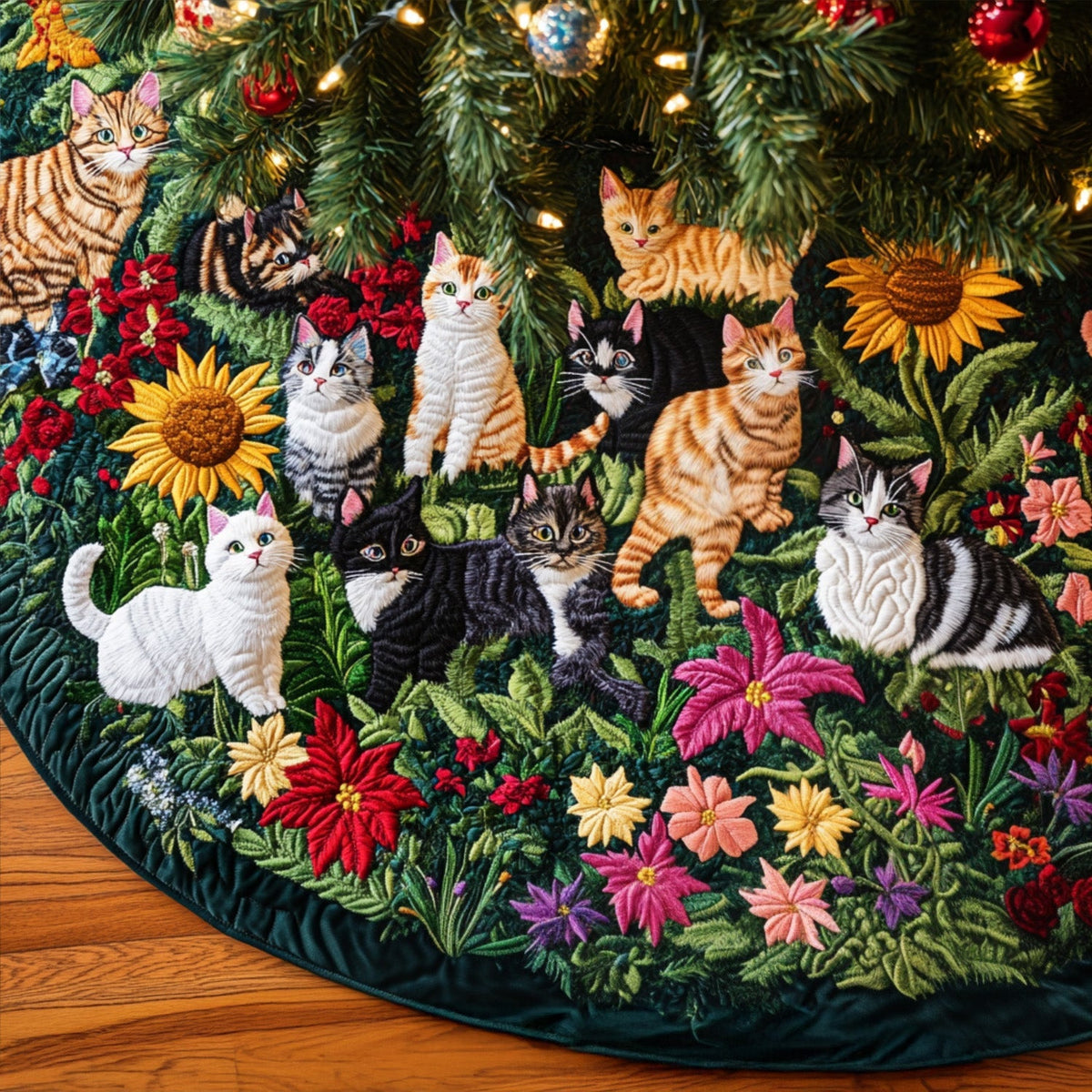 Whiskers and Wildflowers Quilted Christmas Tree Skirt-Myprintsy