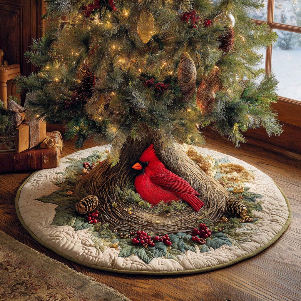 Winter Cardinal Nest Quilted Tree Skirt-Myprintsy
