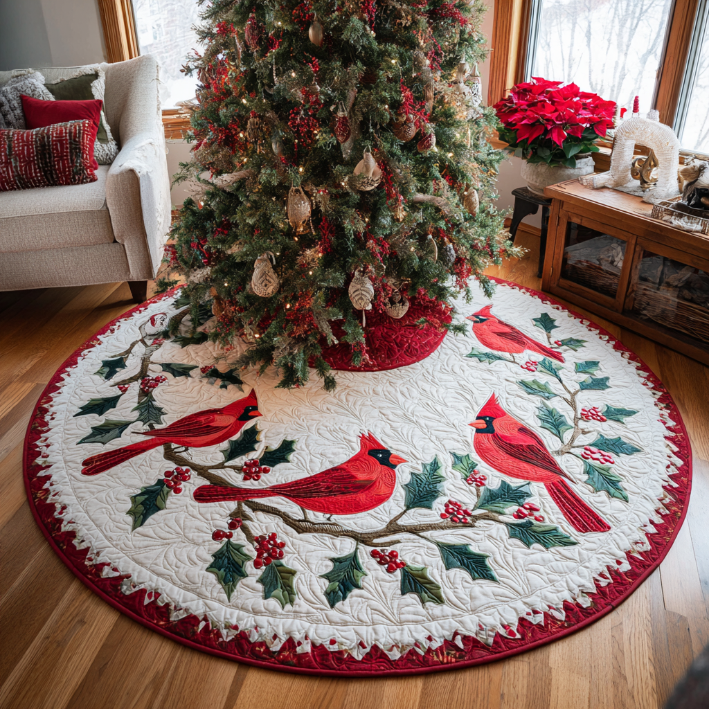 Winter Cardinals Christmas Quilted Tree Skirt-Myprintsy