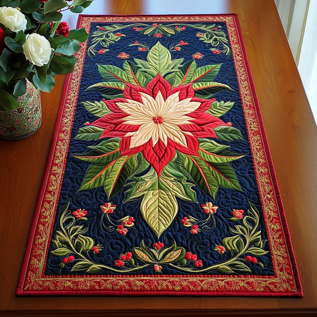 Winter Poinsettia Blooms Quilted Table Runner VTQ-Myprintsy