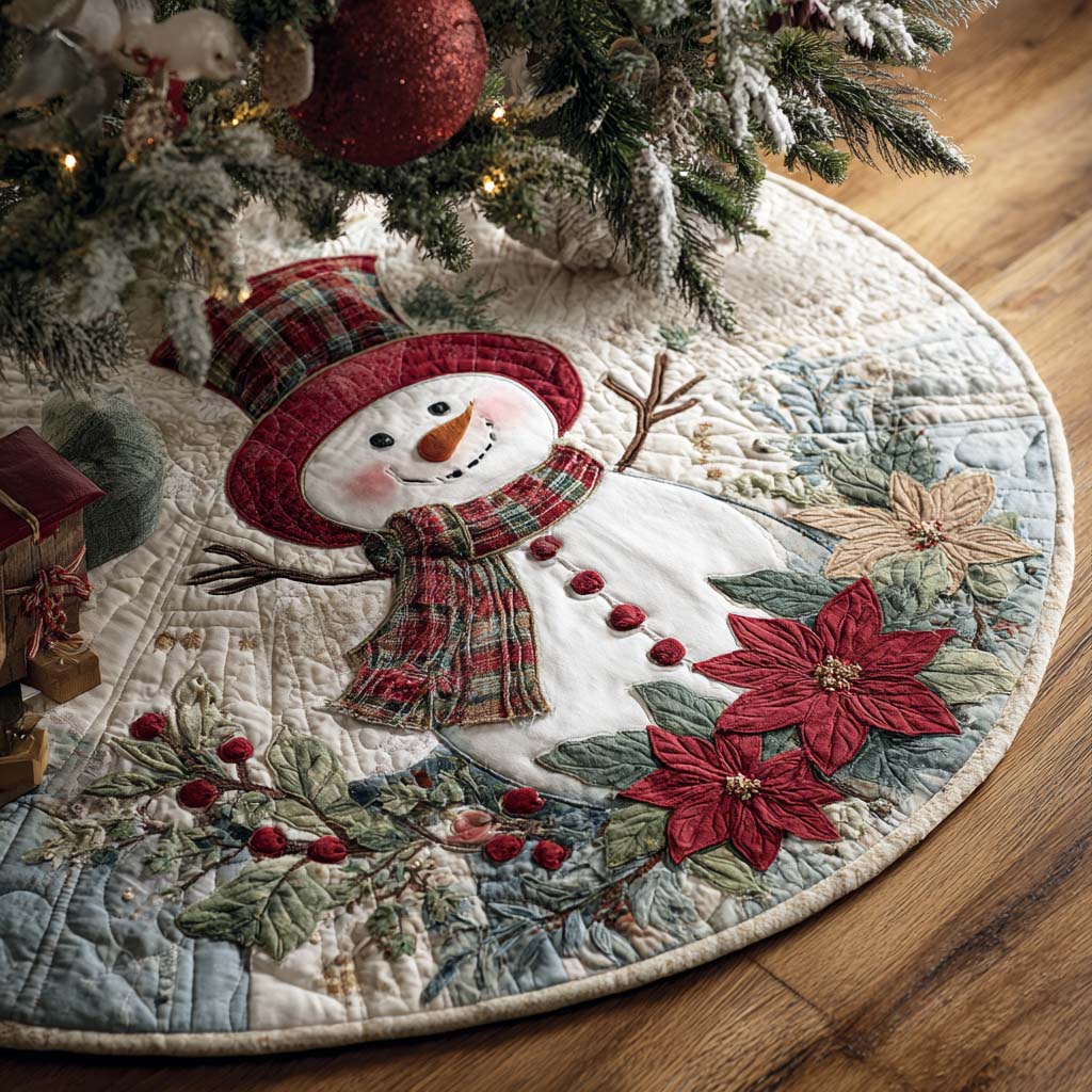 Winter Red Scarf Snowman Quilted Tree Skirt-Myprintsy
