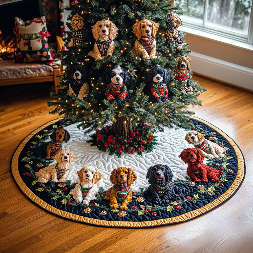 Winter Spaniel Dreams Christmas Quilted Tree Skirt-Myprintsy