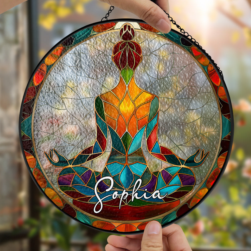 Yoga Gifts for Her & Meditation Room Decor - Personalized Stained Glass Window Hanging Suncatcher-Myprintsy