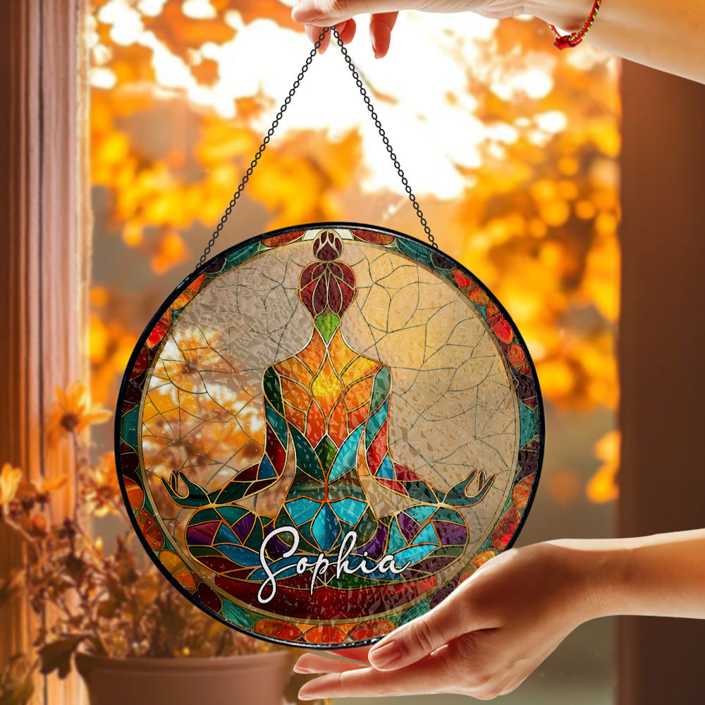 Yoga Gifts for Her & Meditation Room Decor - Personalized Stained Glass Window Hanging Suncatcher-Myprintsy
