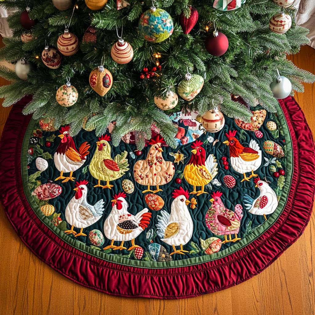Yuletide Chickens Parade Christmas Quilted Tree Skirt VTQ-Myprintsy