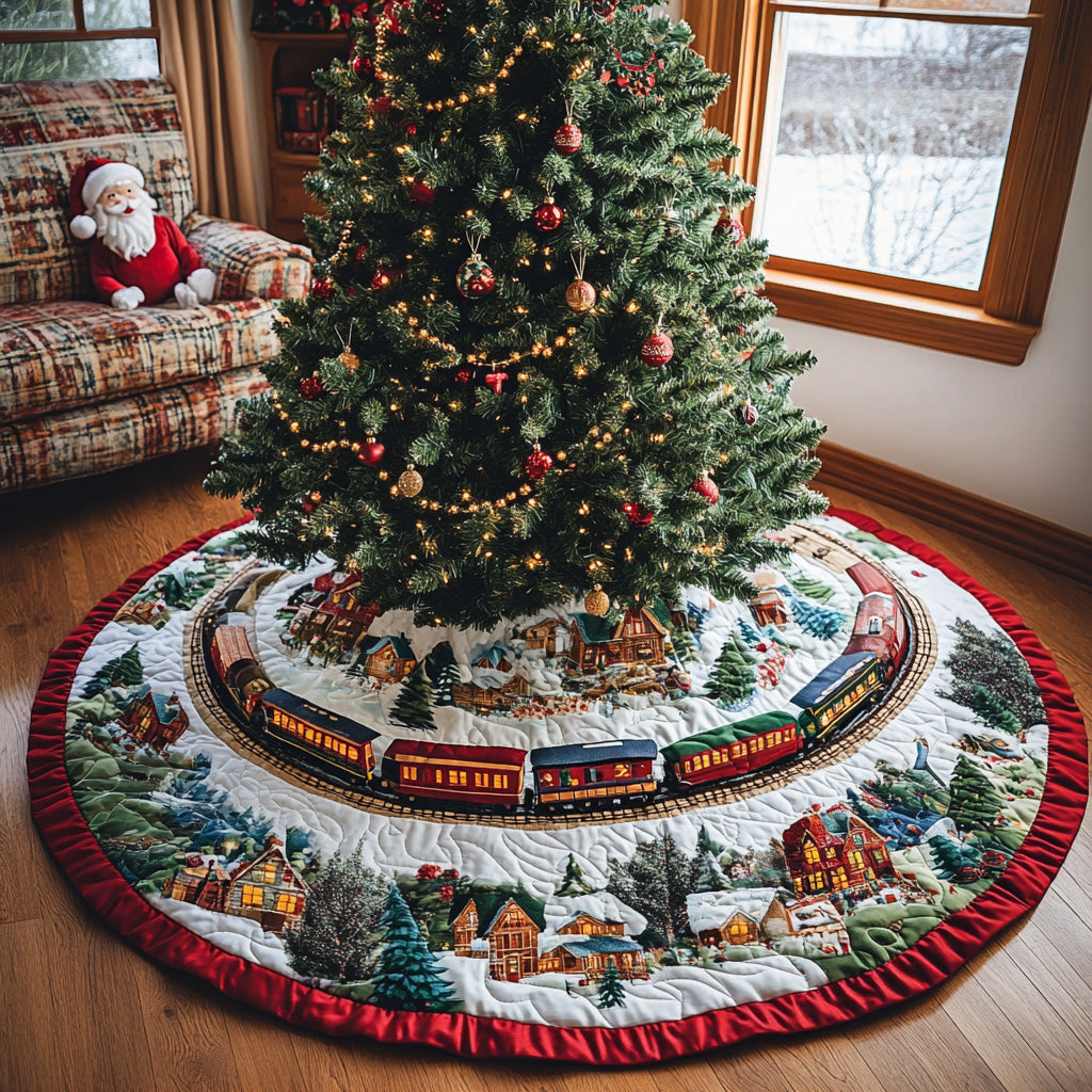 Yuletide Engine Quilted Christmas Tree Skirt-Myprintsy
