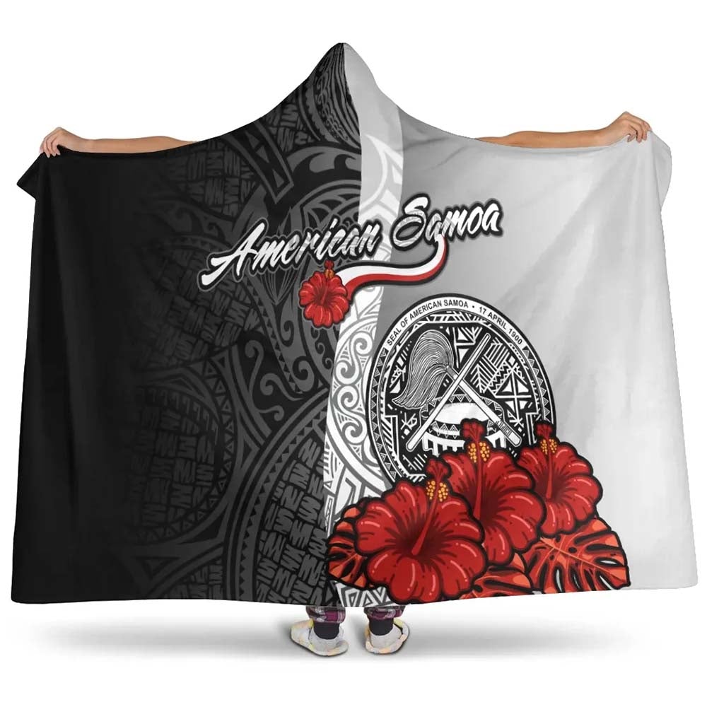 American Samoa Polynesian Hooded Blanket- Coat Of Arm With Hibiscus White-Myprintsy