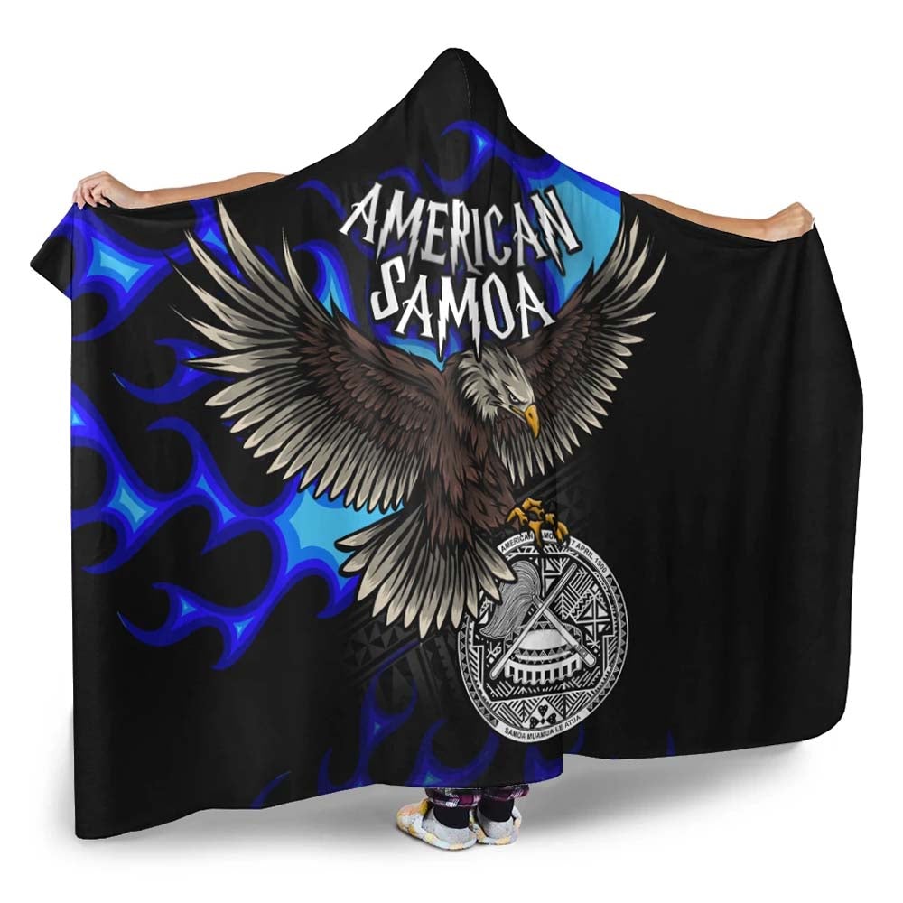 American Samoa Polynesian Hooded Blanket - Eagle With Flame Blue
