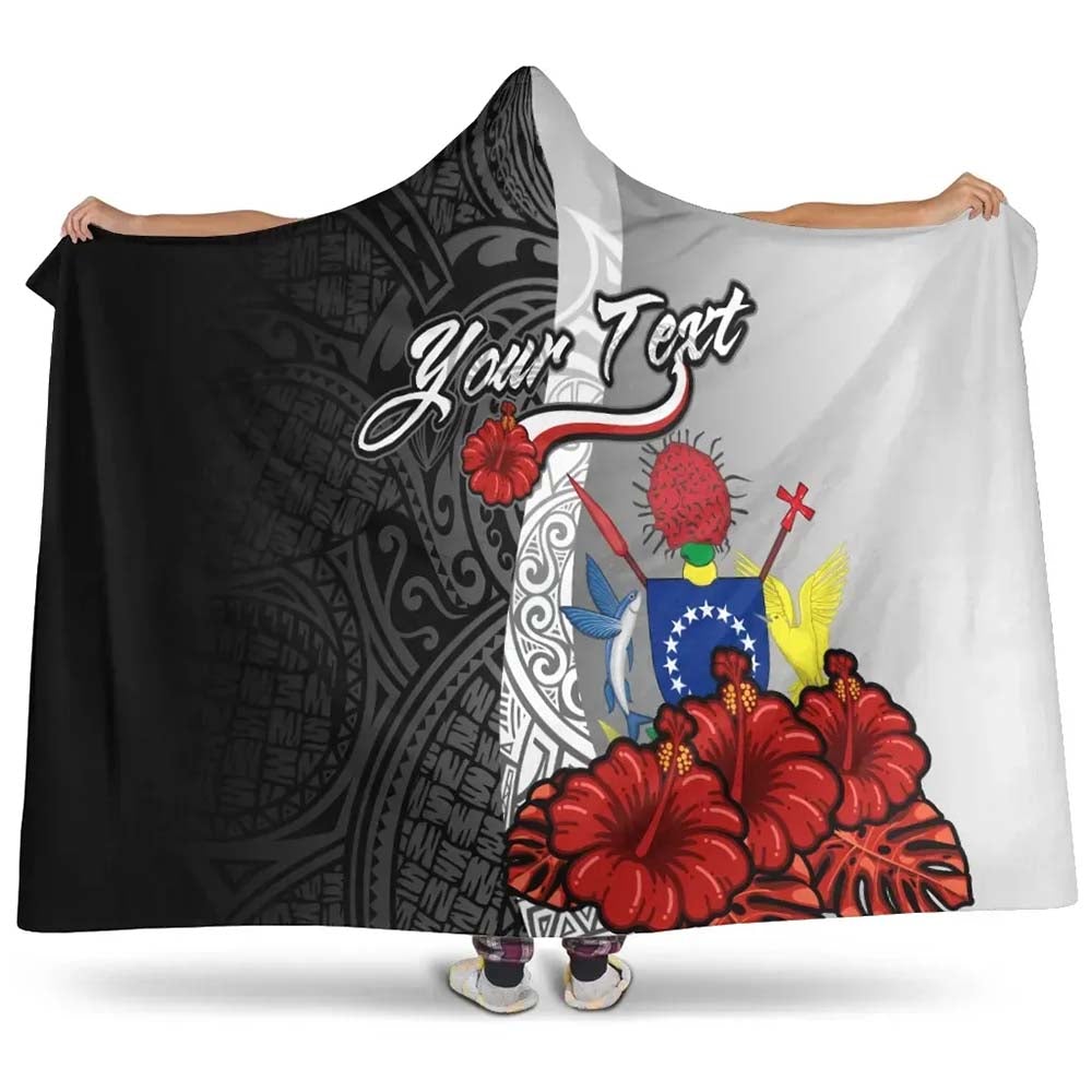 Cook Islands Polynesian Custom Personalised Hooded Blanket- Coat Of Arm With Hibiscus White-Myprintsy