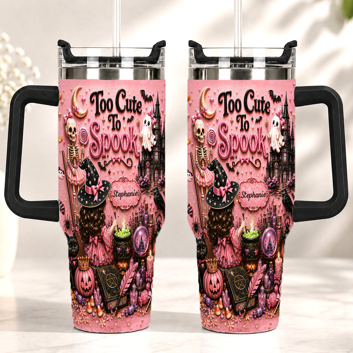 Too Cute To Spook - Personalized Pink Halloween 40oz Tumbler With Straw