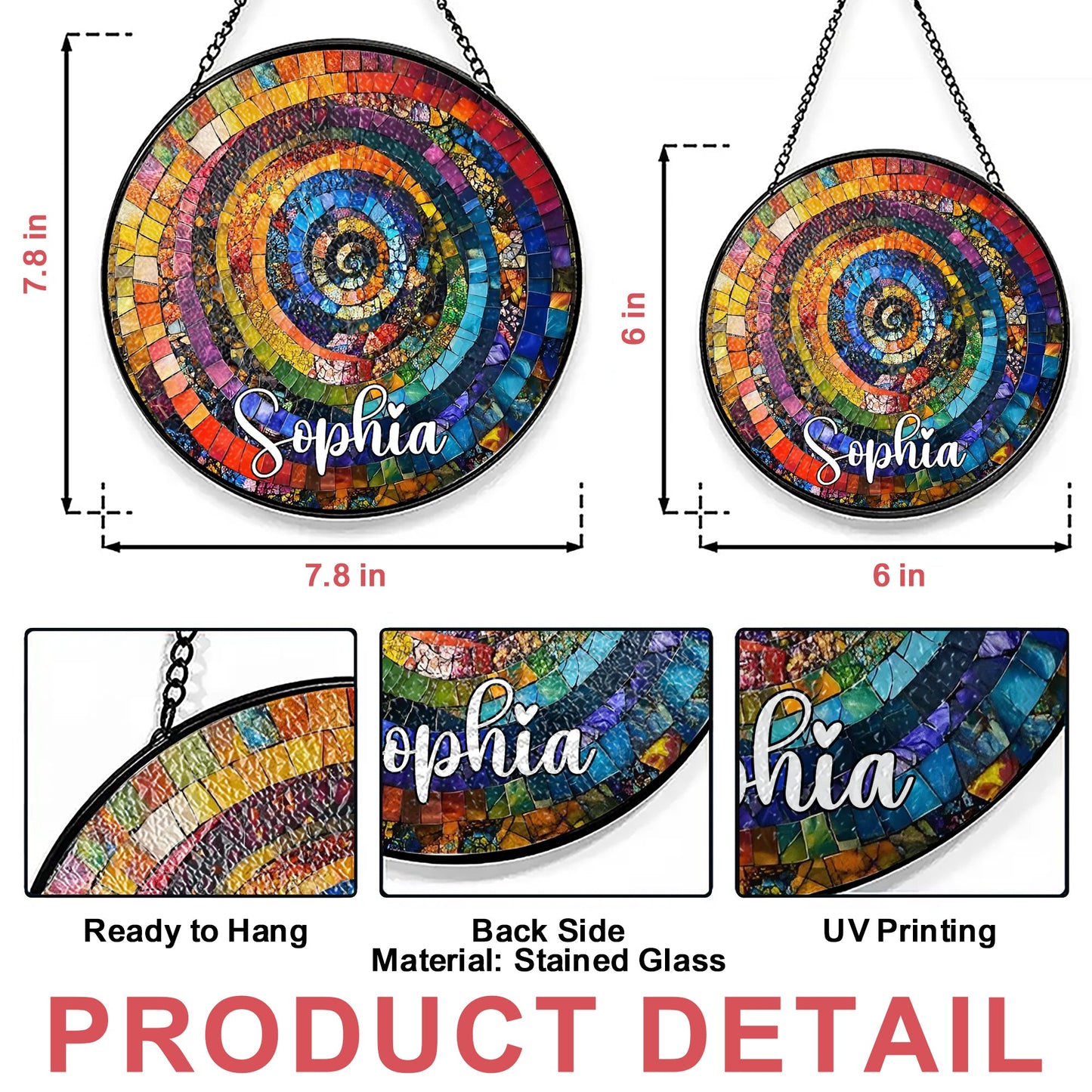 Vibrant Rainbow Spiral - Personalized Stained Glass Hanging Suncatcher