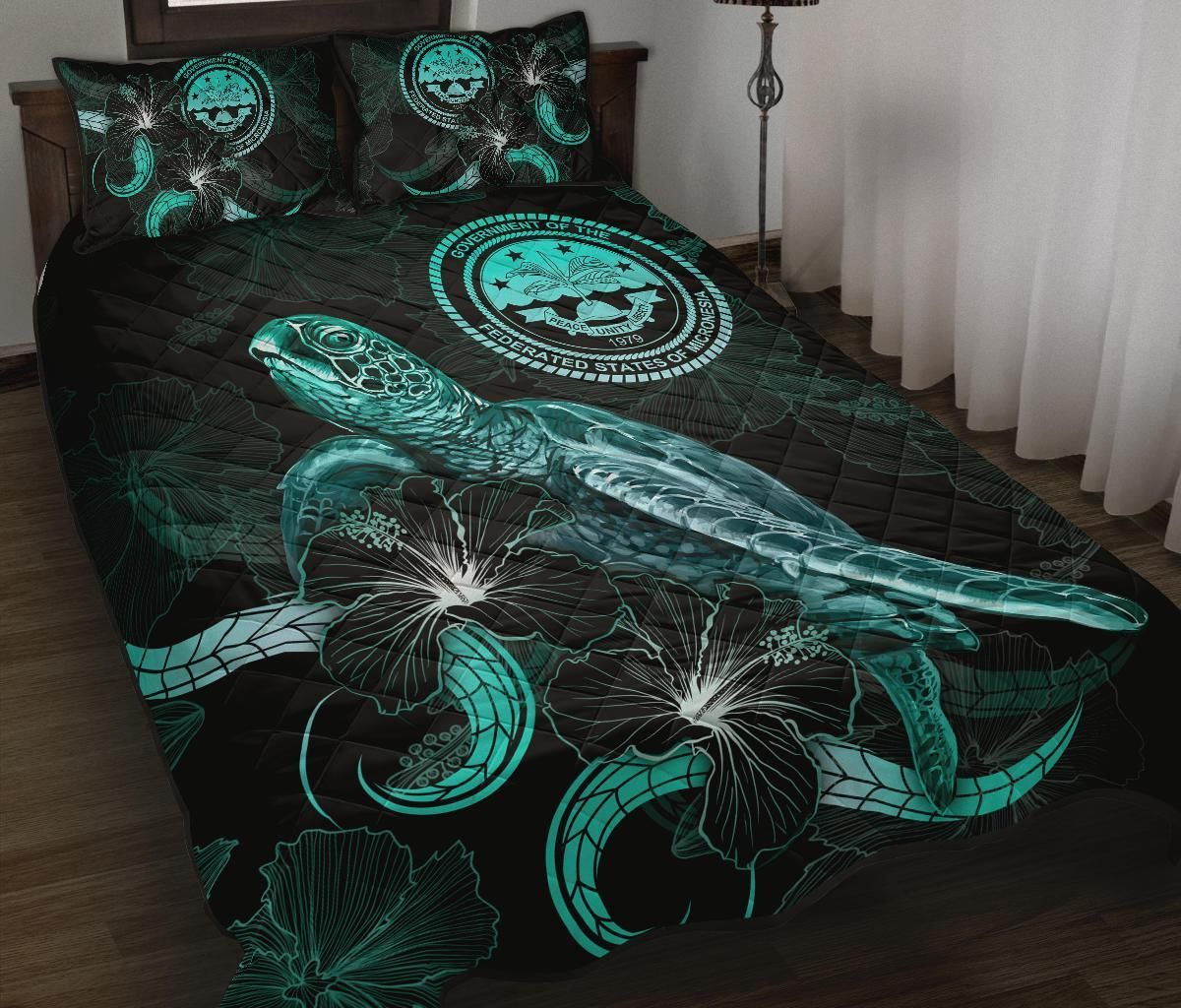 Federated States of Micronesia Polynesian Quilt Bed Set - Turtle With Blooming Hibiscus Turquoise