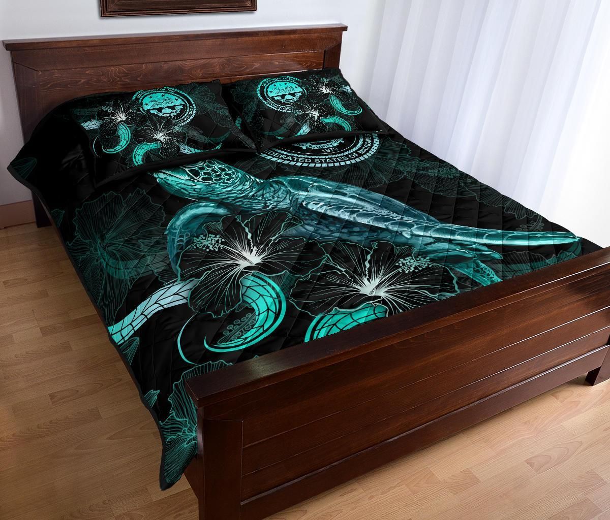 Federated States of Micronesia Polynesian Quilt Bed Set - Turtle With Blooming Hibiscus Turquoise