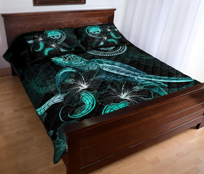 Federated States of Micronesia Polynesian Quilt Bed Set - Turtle With Blooming Hibiscus Turquoise