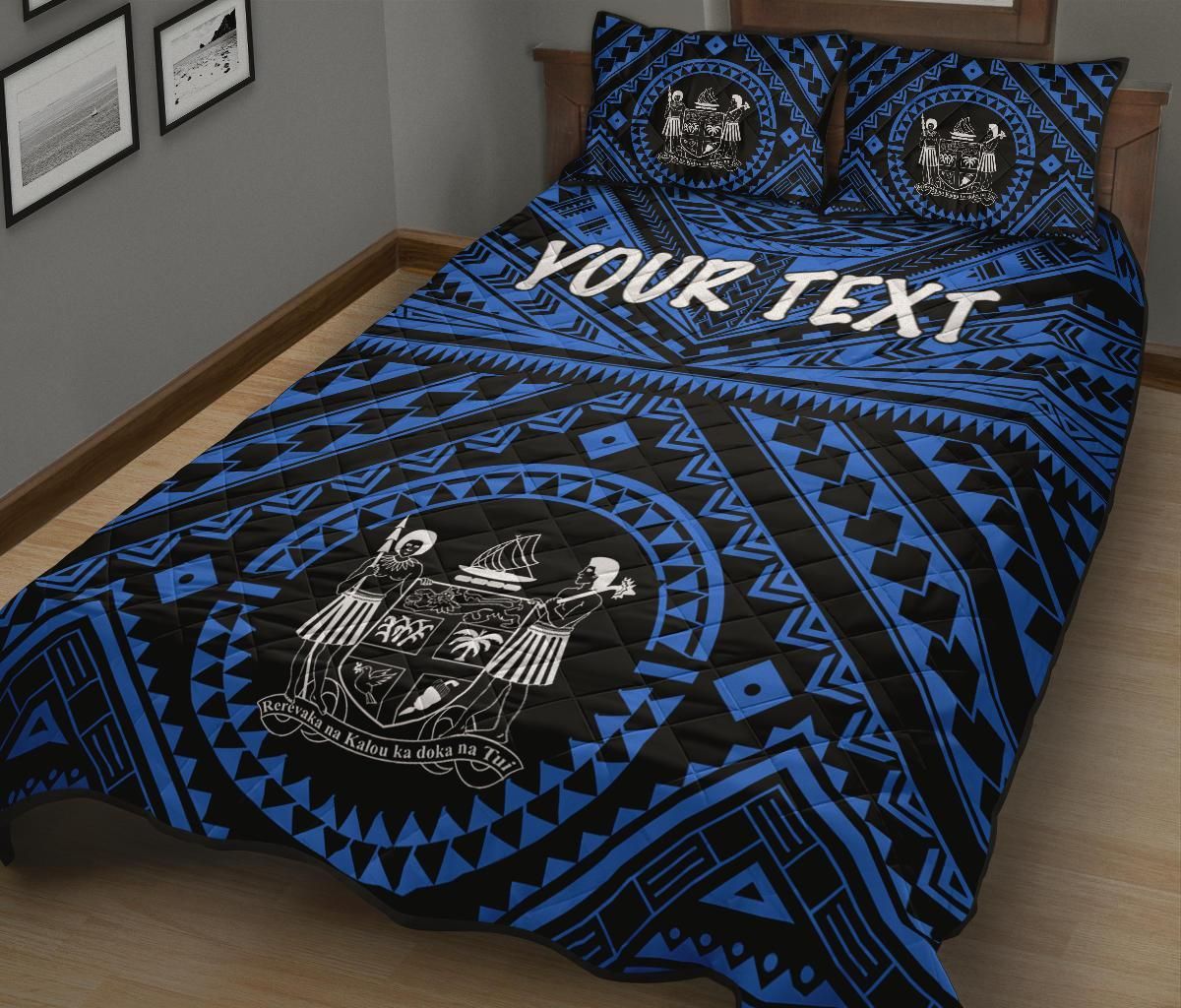 Fiji Personalised Quilt Bed Set - Fiji Seal With Polynesian Tattoo Style ( Blue)