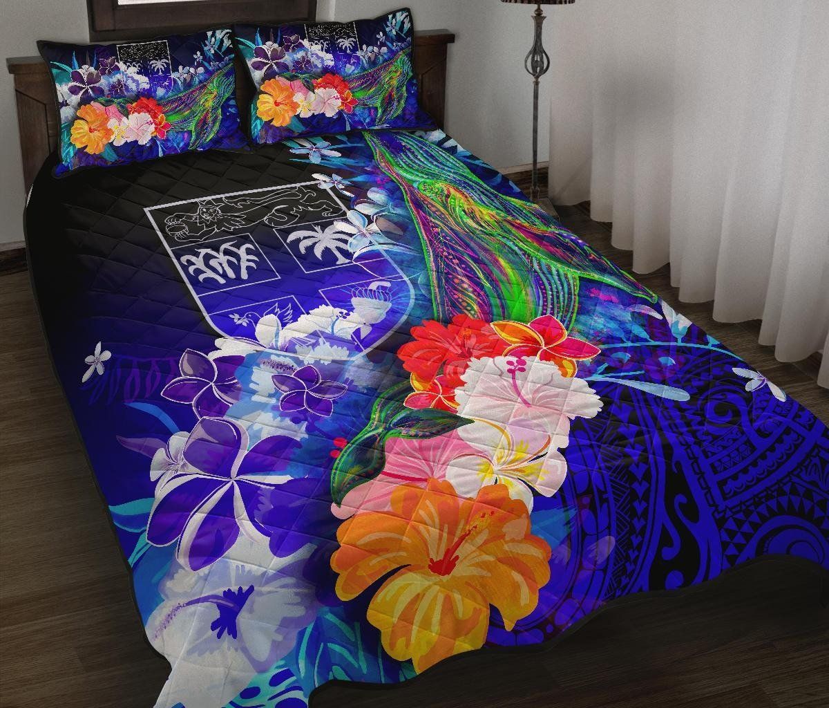 Fiji Quilt Bed Set - Humpback Whale with Tropical Flowers (Blue)