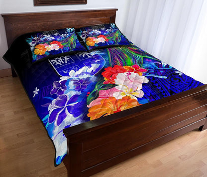 Fiji Quilt Bed Set - Humpback Whale with Tropical Flowers (Blue)