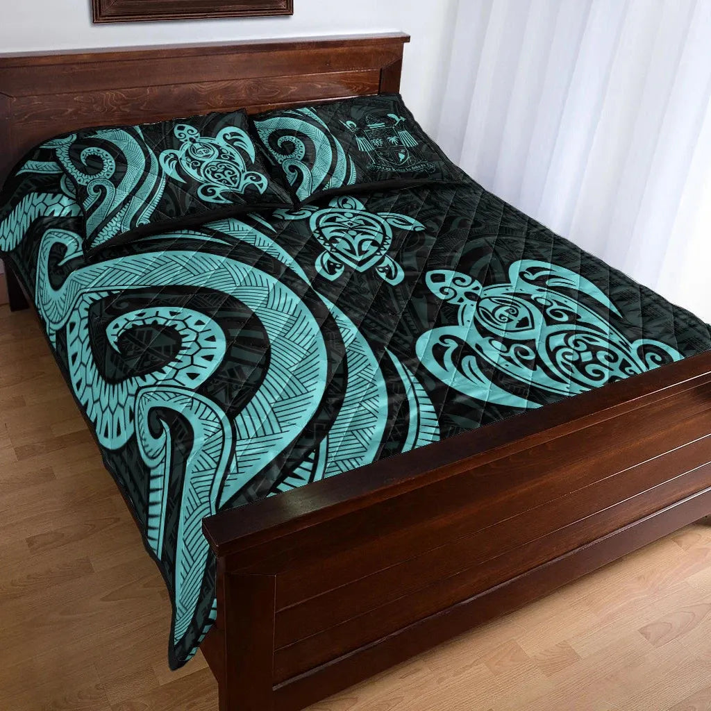 Fiji Quilt Bed Set - Turquoise Tentacle Turtle Crest