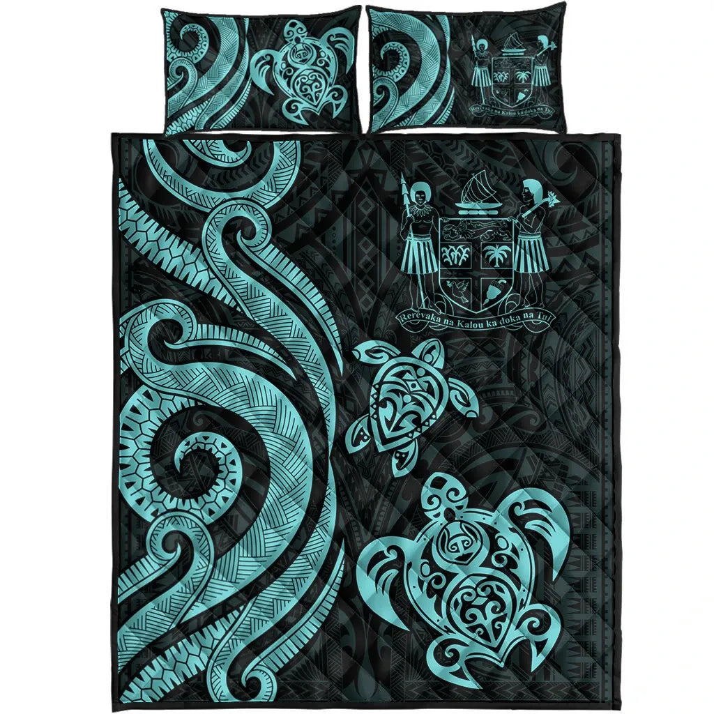 Fiji Quilt Bed Set - Turquoise Tentacle Turtle Crest