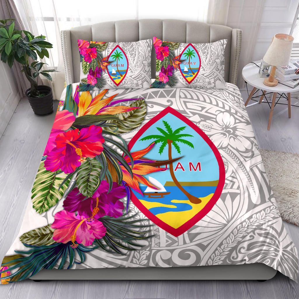 Guam Bedding Set - Hibiscus Polynesian Pattern White Version