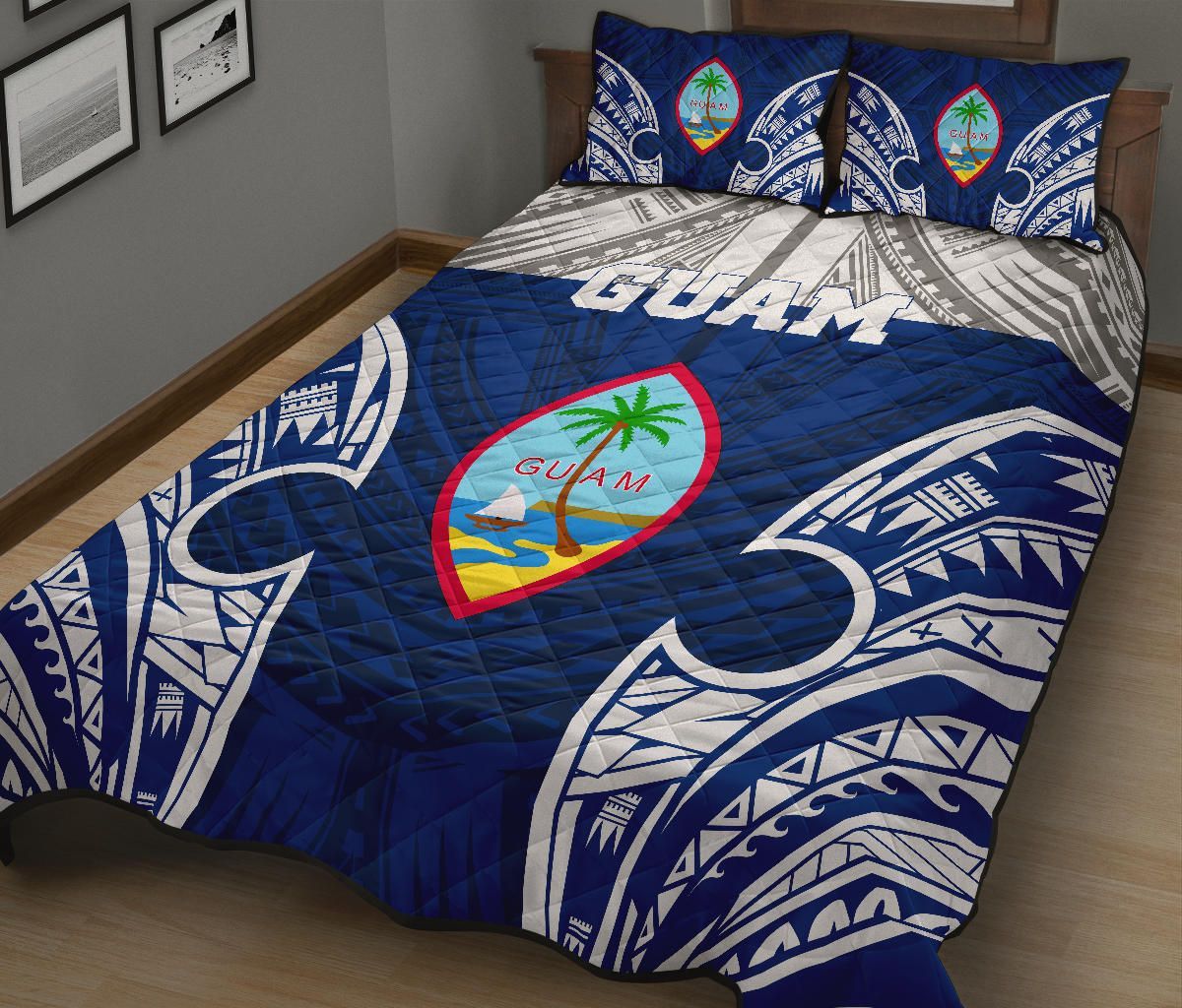 Guam Polynesian Quilt Bed Set - Pattern With Seal Blue Version