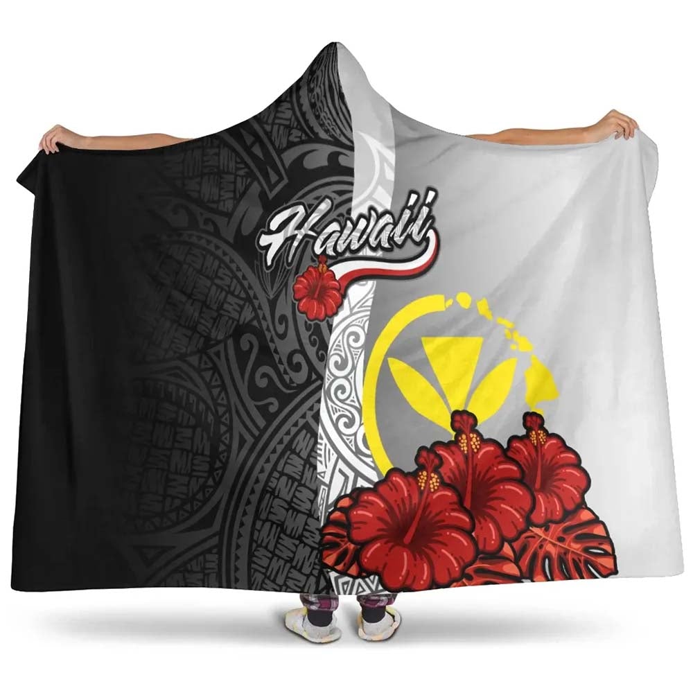 Hawaii Kanaka Maoli Polynesian Hooded Blanket- Coat Of Arm With Hibiscus White
