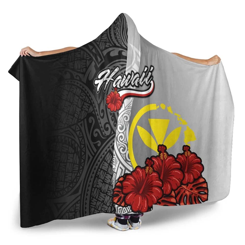 Hawaii Kanaka Maoli Polynesian Hooded Blanket- Coat Of Arm With Hibiscus White