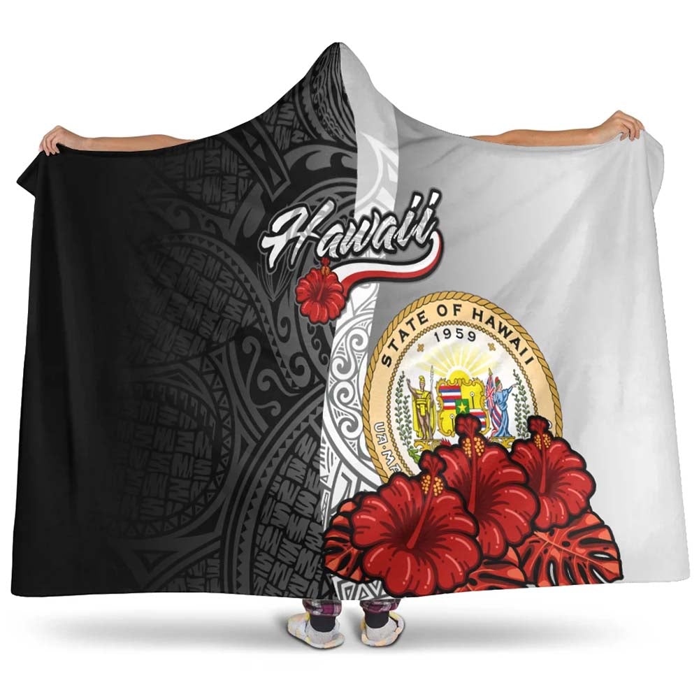 Hawaii Polynesian Hooded Blanket- Coat Of Arm With Hibiscus White-Myprintsy