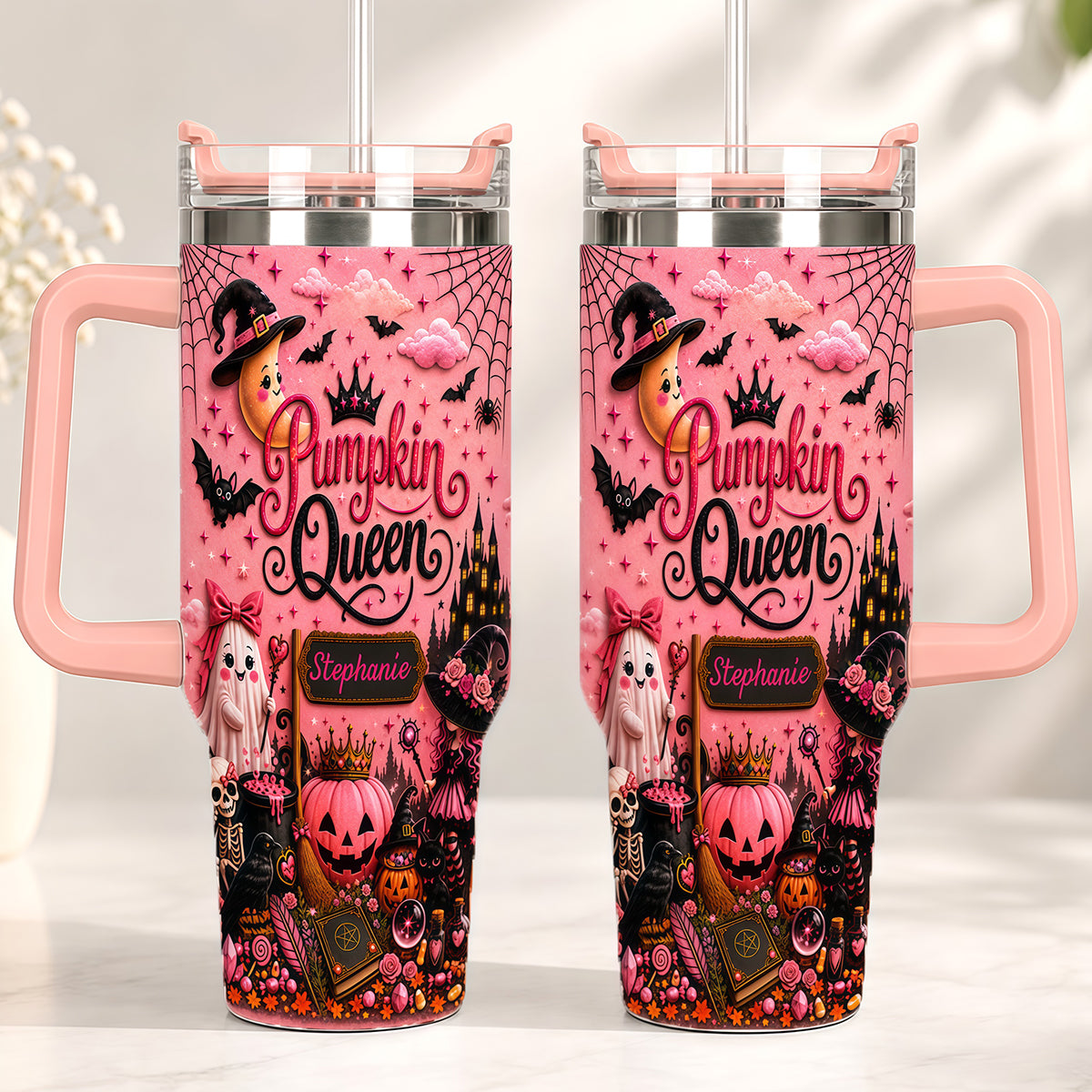 Pumpkin Queen - Personalized Pink Halloween 40oz Tumbler With Straw