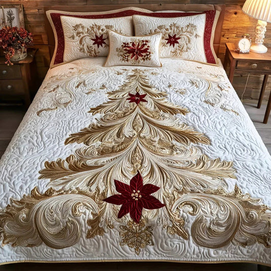 Elegant Gold & Red Christmas Quilt Set