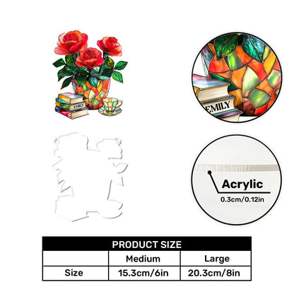 Rose, Book And Tea - Personalized Window Hanging Suncatcher